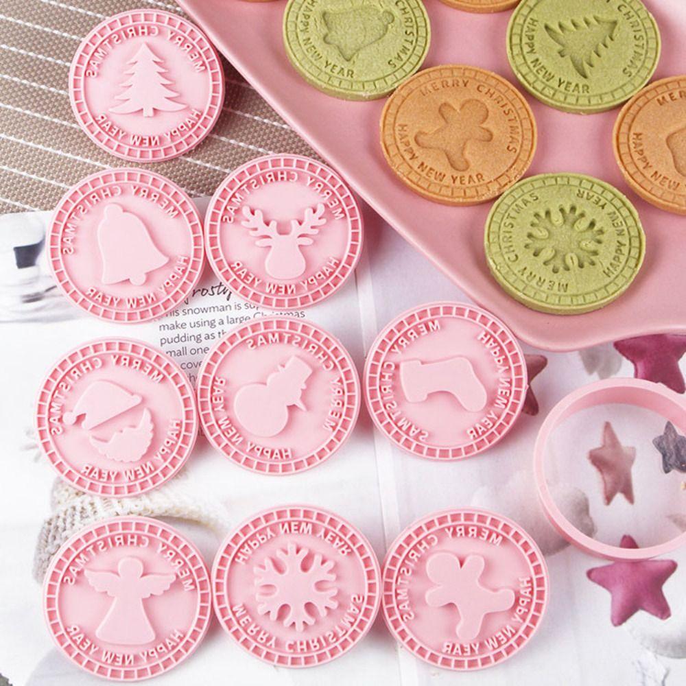 9Pcs Plastic Christmas Cookie Cutters 3D Biscuit Embosser Molds Cookie Stamp  New Year Party