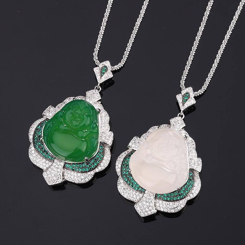 Huamei Jewelry Green Jade Marrow White Laughing Buddha God New Chinese Style Accessories Maitreya Necklaces Small