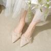 Fashion Pearl Stilito Ladies Pumps Women's Shoes with Medium Heels Pointed Toe Korean Style Genuine Mark Summer 2025 Chic and Elegant 39