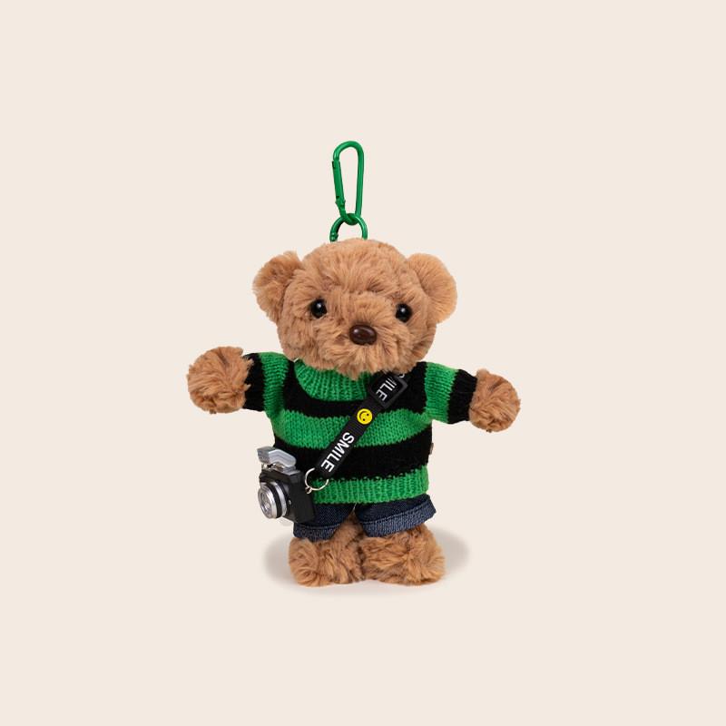 Portachiavi Peluche Orso con Maglione e Fotocamera, Design per Decorazione Zaino e Regalo