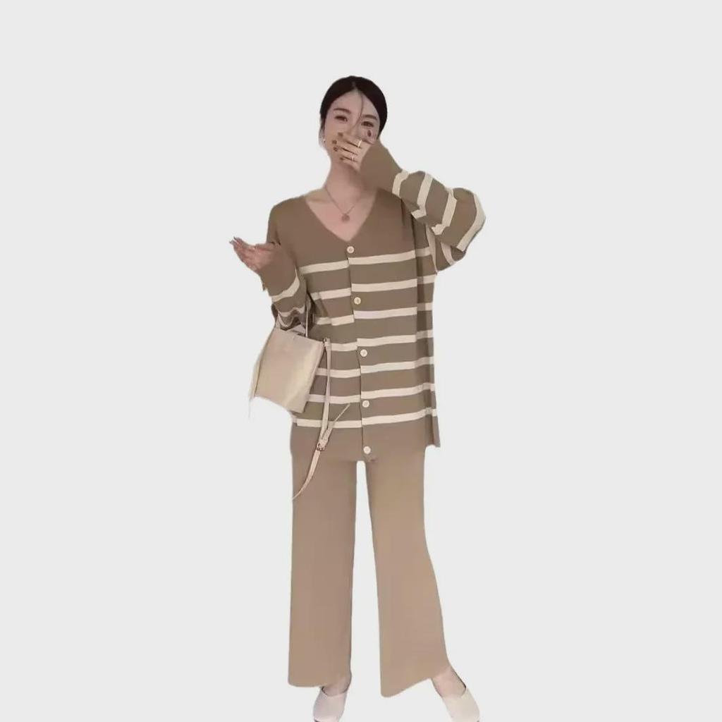 2024 Autumn/Winter Striped Low-Neck Single-Breasted Long-Sleeve Knitted Sweater & High-Waist Wide-Leg Pants Set