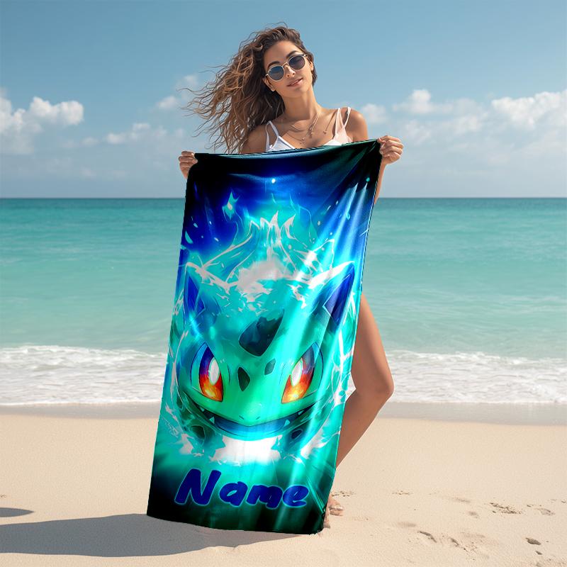 Personalized customized proof beach towel with Pokémon Bulbasaur pattern - soft, absorbent,quick-drying,perfect swimming,camping&bathing