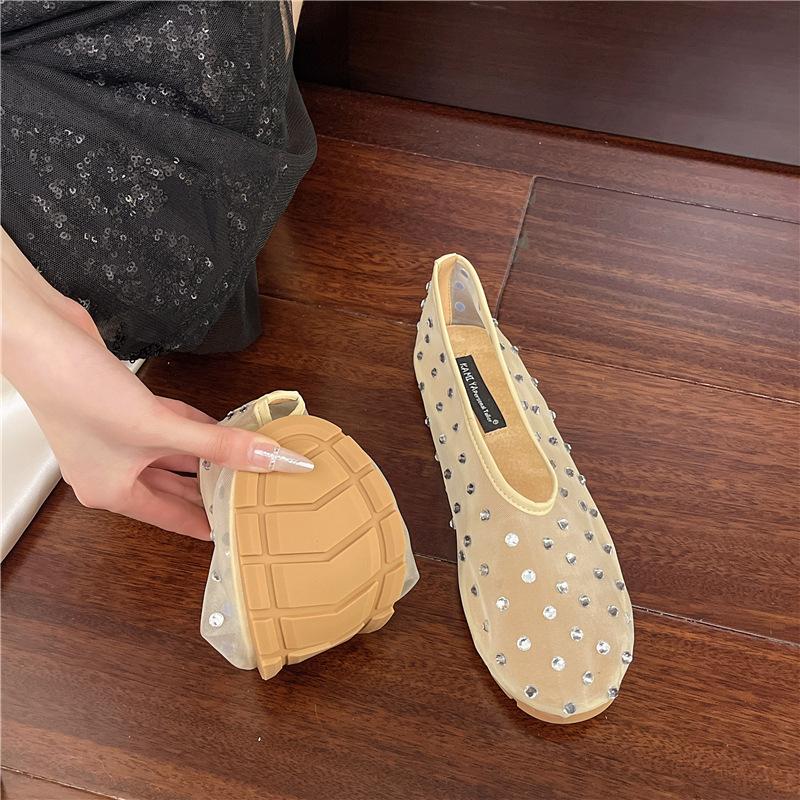 Women Flats Luxury Crystal Rivet Design Sandals Summer Mesh Breathable Ballet Shoes Plus Size Ladies Elegant Party Dress Loafers