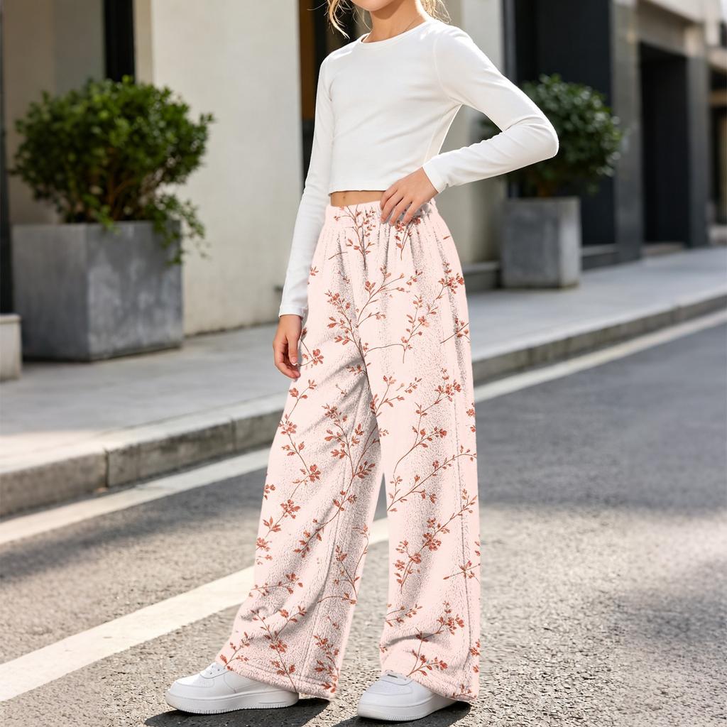 Fashionable Girls' Flannel Warm Loose Printed Pants