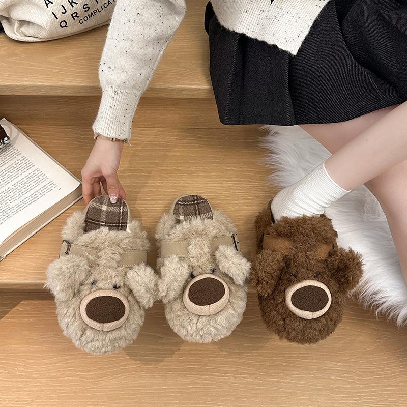 2025 autumn and winter new bear women's slippers pneumatic ear doll plush slippers fashion one-word platform shoes