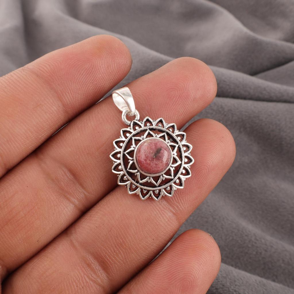 Black Rhodonite Gemstone Jewelry, 925 Sterling Silver Pendant, Handmade Rhodonite Silver Chain Pendant For Wedding Gift
