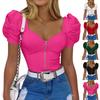 Women's Fashion Casual Sexy Square Neck Puff Sleeve Zippered Short Sleeve Top