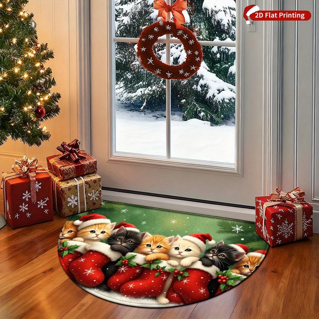 1Pcs Cute Christmas Cat Semi Circle Welcome Doormat Non-Slip for Outdoor Patio Porch Kitchen Bathroom Entryway Floor Mat