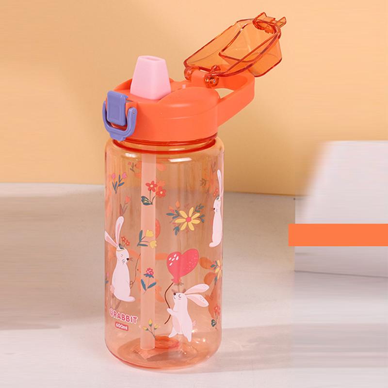 Bottiglia d'acqua per bambini da 600 ml con cannuccia, borraccia portatile anti-caduta per studenti con cartone animato di animali, bollitore per bevande per bambini piccoli