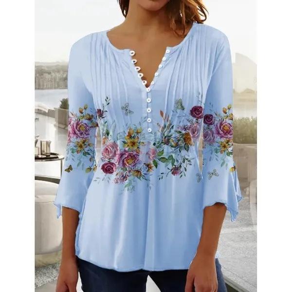 Spring Summer Women T-shirt Fashion Floral Print V-Neck 3/4 Sleeves Pleated Button Down Tee Tops