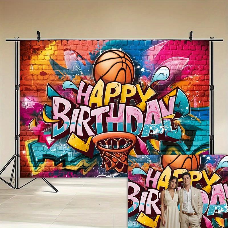 1 item, basketball-themed happy birthday party background photo props, polyester banner decoration
