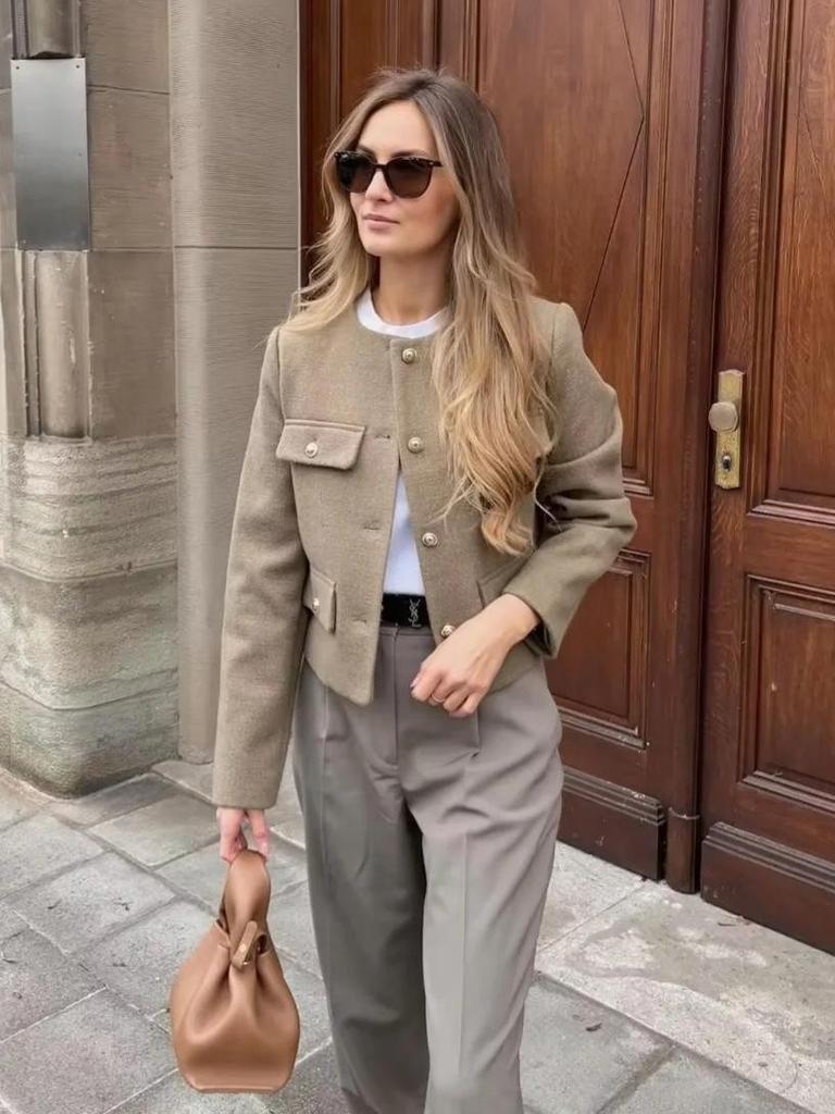 2024 Autumn Women's Pocket Crew Neck Fashion Coat