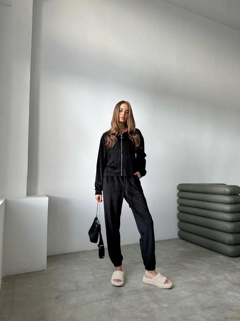 Europejski i Amerykański Jesienny Zestaw Dwuczęściowy z Aksamitu Zapinany na Zamek: Bluzka z długim rękawem, elastyczną talią i spodnie z mankietami z kieszeniami dla kobiet