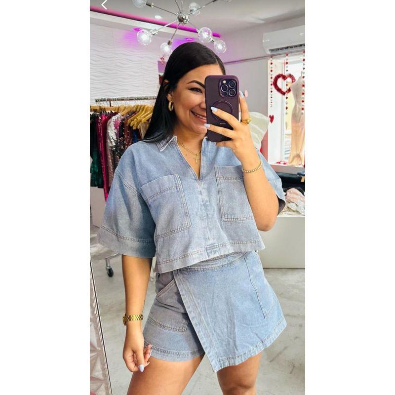 

Collar Top Irregular Short Skirt Set Lapel Top Irregular Short dress Set Blue XL