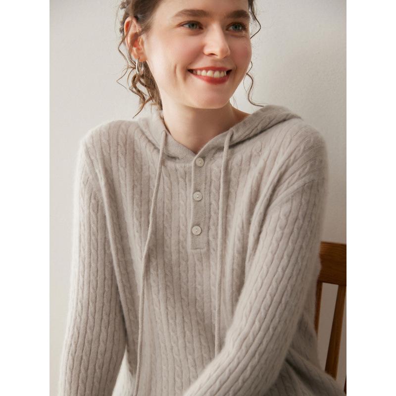 2025 Women's Thickened Cashmere Cable Knit Hoodie - Age-Reducing Loose Fit Pullover Sweatshirt