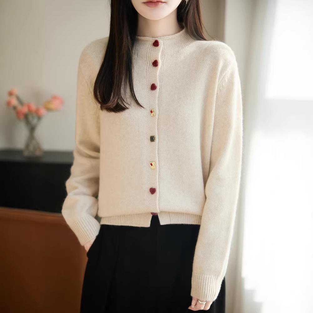 Fall/Winter New Style Half-Neck Knitted Cardigan Long-Sleeve Women's Heart-Style Solid Color Loose-Fitting Top Coat