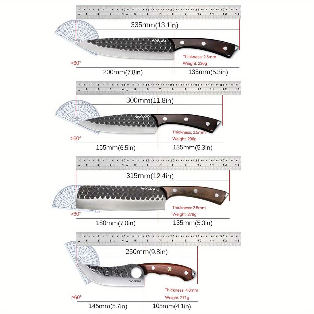 4PCS Stainless Steel Knife Set Wooden Handle Kitchen Knives with Covers Professional Cutting Knife Meat Cleaver Forged Knife Multipurpose Boning Knife