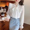 French Bowknot Lace Chiffon Shirt Spring Autumn Women's Shirt Fashion Versatile Ruffle Backing Shirt Top