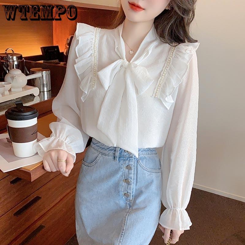 French Bowknot Lace Chiffon Shirt Spring Autumn Women's Shirt Fashion Versatile Ruffle Backing Shirt Top