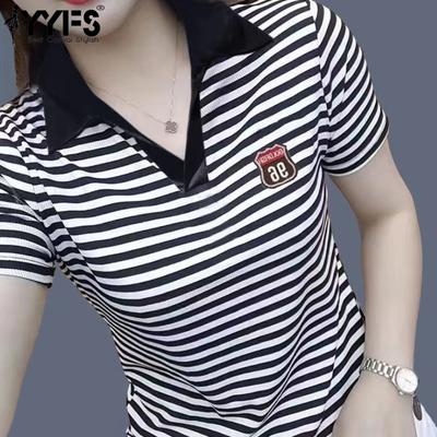 Camicette e camicie a maniche corte con scollo a V e righe stampate, casual, estive e primaverili, da donna