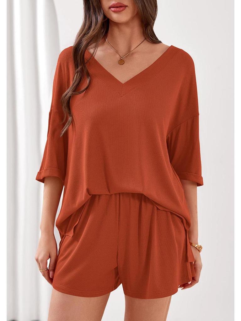 New Women's Casual Two-Piece Set: Loose V-Neck Short-Sleeved Top and Shorts