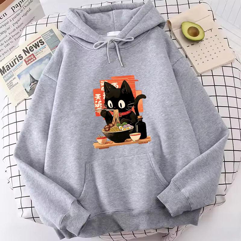 Funny Black Ramen Cat Japanese Anime Style Design Printed Hoodie Fleece Sweatshirt Soft Graphic Pullover Casual Clothes