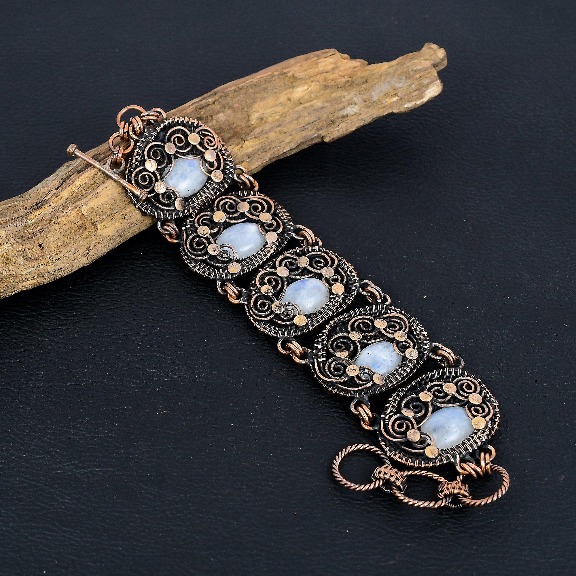 

Браслеты из радужного лунного камня, ювелирные изделия из драгоценных камней, браслеты, обернутые медной проволокой 999 пробы, красивые браслеты ручной работы 8 Inches