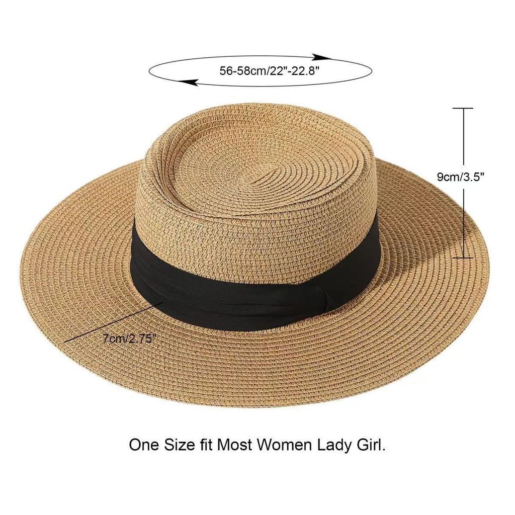 French Hepburn Style Flat Top Straw Hat Women's Summer New Seaside Vacation Sunshade Sunscreen Hat Elegant Top Hat