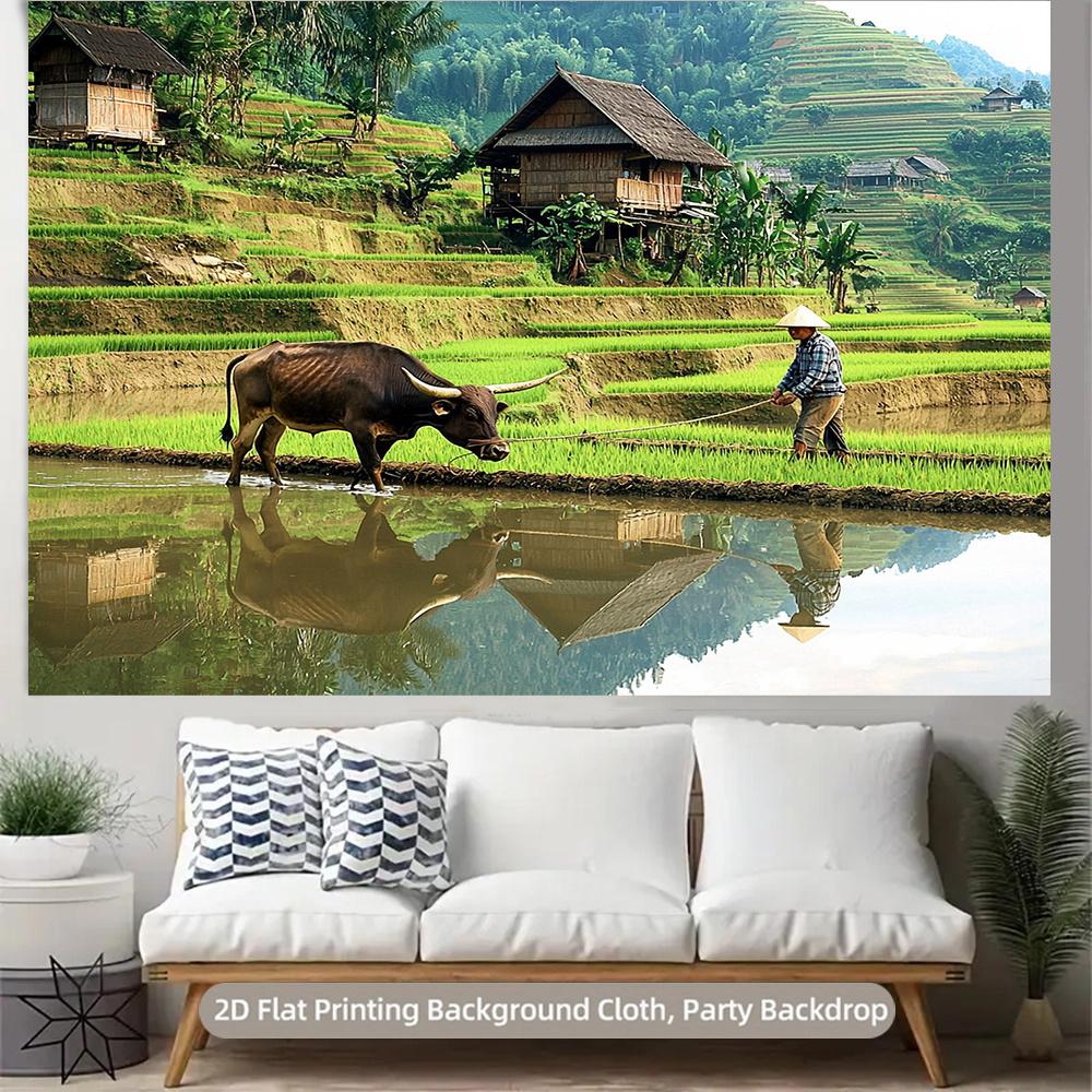 2D plane, terrace with cattle and steed background decoration, suitable for all kinds of parties, polyester fiber