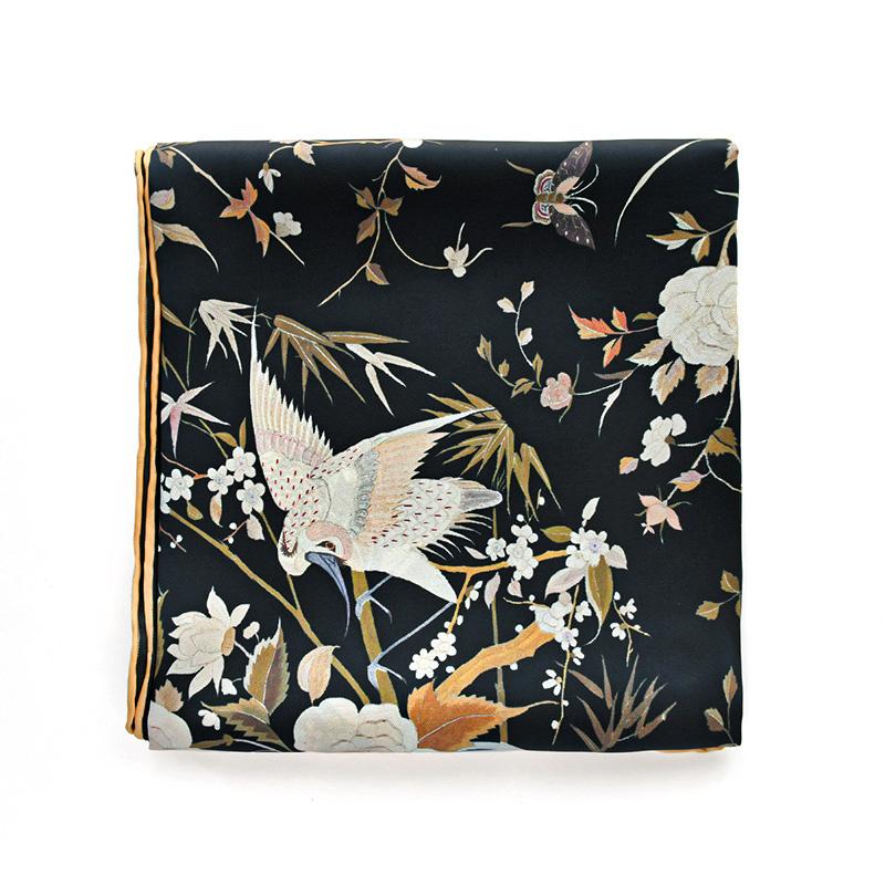 

Chinese classic black natural twill silk scarf 90cm printed birds100% real silk scarves women luxury bandana shawl gift for lady