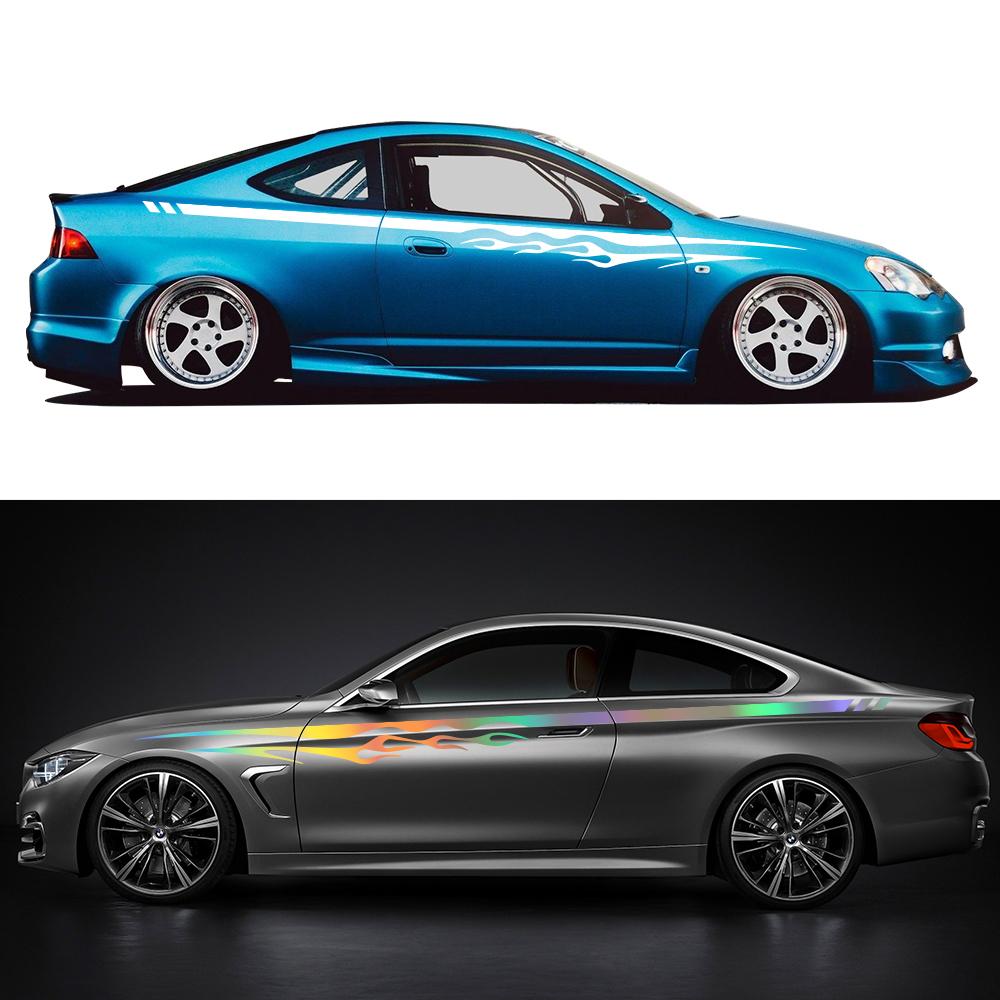 2PCS Flame Pattern Car Side Door Long Stripe Sticker Car Waistline Vinyl Decal Racing Auto Body Decal Car Decoration Accessories