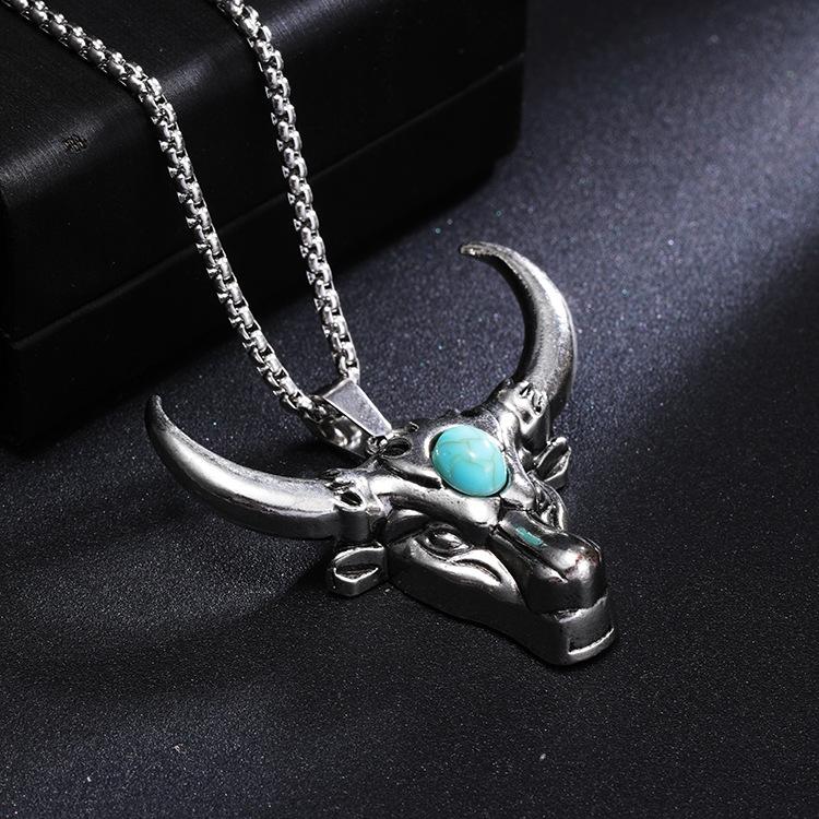 Hip Hop Bull Head Pendant Necklace Retro Stainless Steel Turquoise Inlay Chain