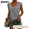 JPNTKY Women's Fashion Casual Solid Color Print Sleeveless V-Neck  Blouses & Shirts