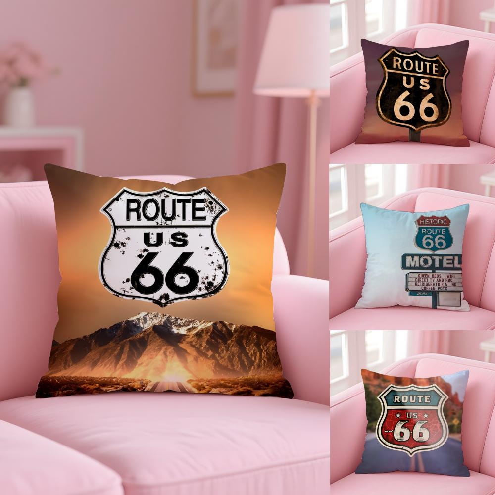 Classic Route 66 Retro Cushion Cover Plush Fabric Soft Double-Sided Printed Sofa Warm Winter Home Gift Pillow Cover