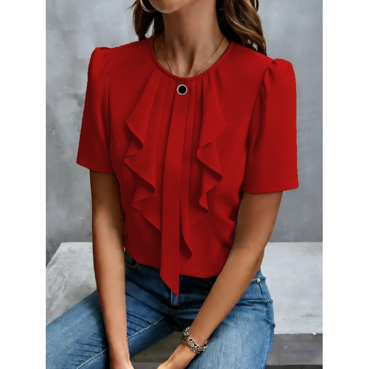 2026 New Women's Summer Ruffled Pleated Round Neck Short Sleeve Shirt Top
