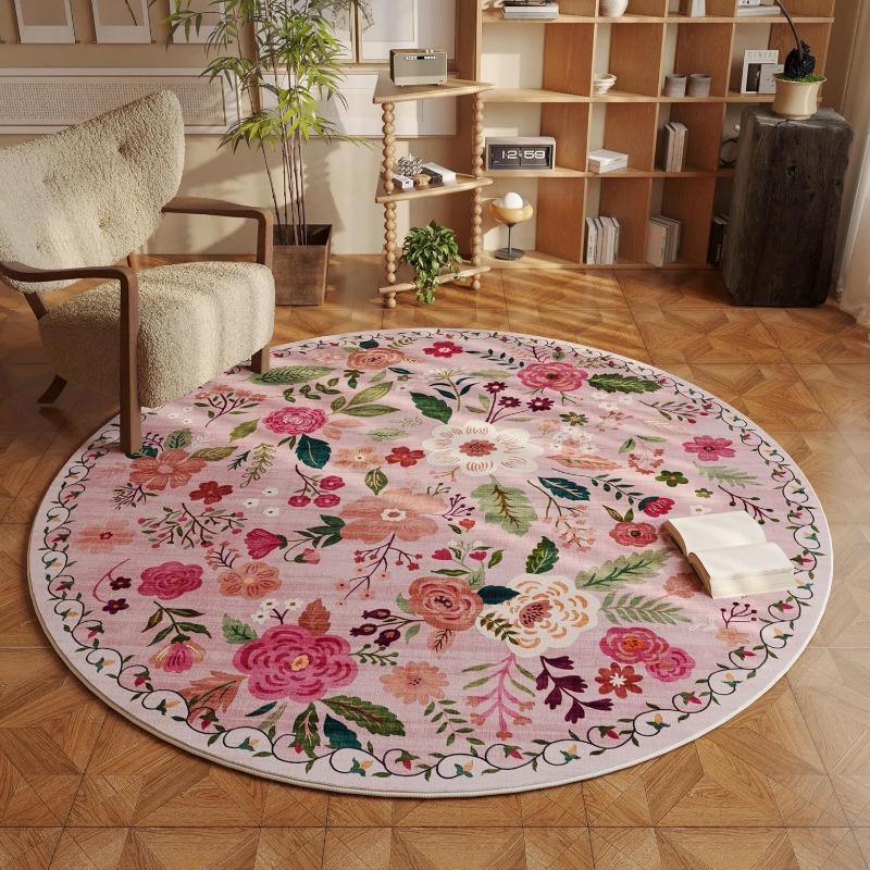 Flower Print Round Carpet Boho Vintage Style Home Decor Floor Mat Living Room Study Bedroom Entryway Terrace Non-slip Rug