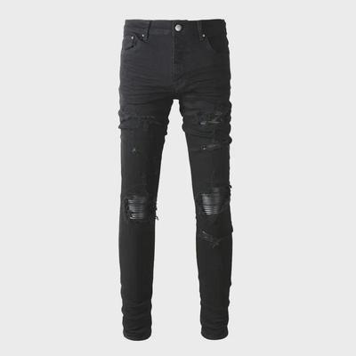 Retro Black Ripped Slim Fit Leather Hip Hop Men's Jeans