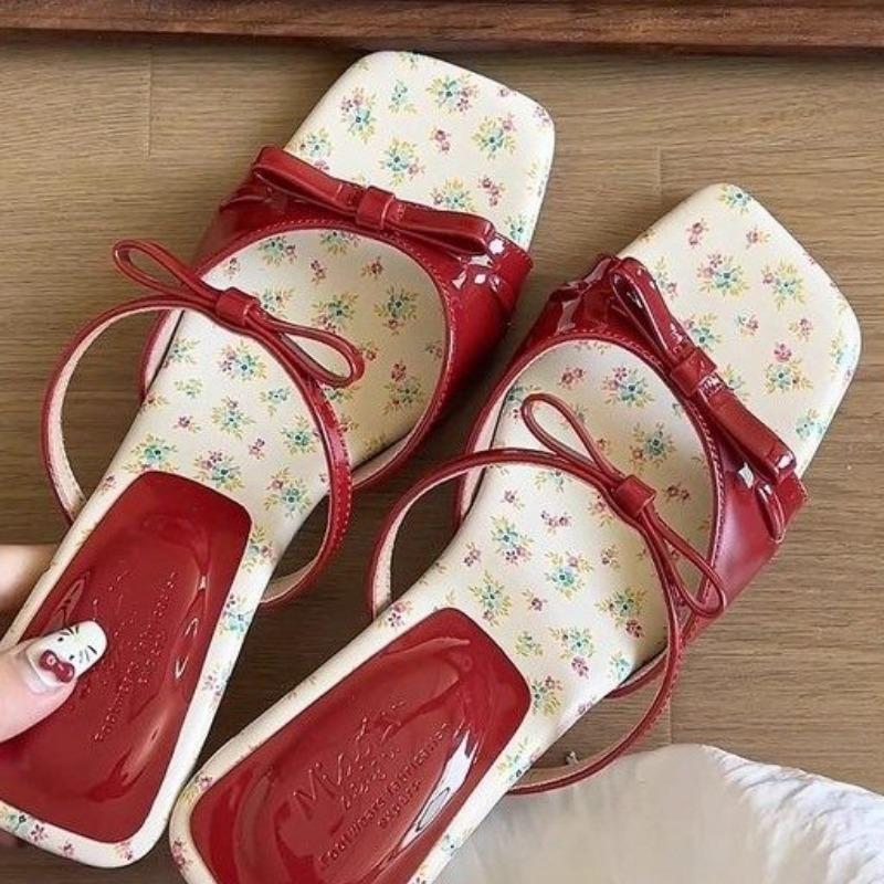 French Pink Bow Diamond High-heeled Slippers with Exposed Toes Sandals  Shoes for Women  Sandal