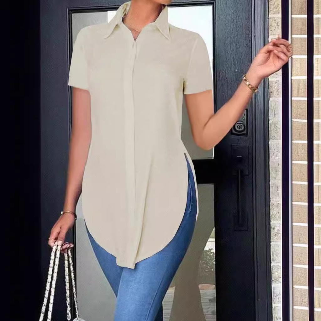 Women's Blouses Summer Casual White Short Sleeve Shirt Fashion OL Lapel Irregular Slim Shirts Women Clothing Streetwear Tops