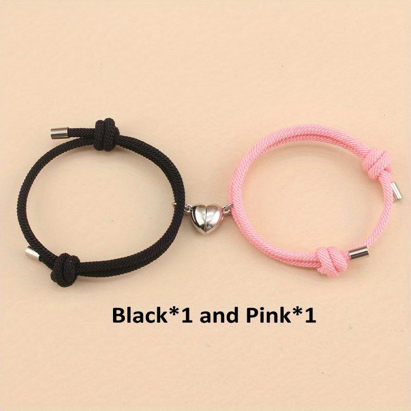 2pcs/set Magnetic Heart Charm Braided Rope Adjustable Bracelets For Couples, Holiday Birthday Gift For Boyfriends / Girlfriends