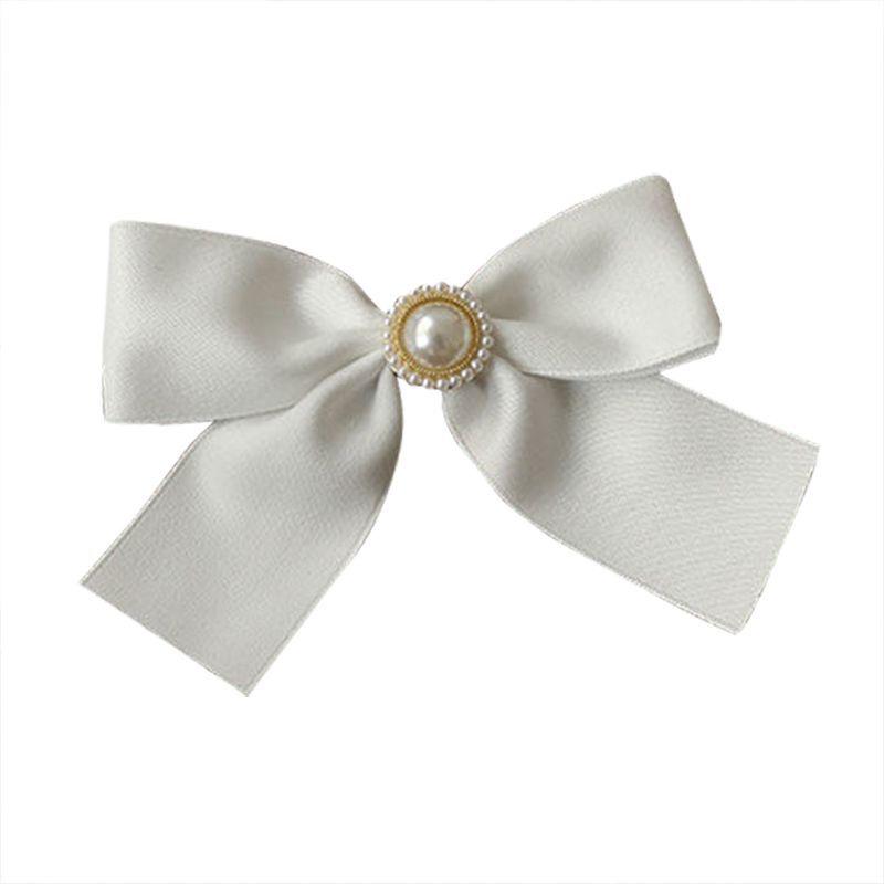Off-White Cotton Pearl Bow Brooch: Cute Japanese Korean Style Ribbon Lapel Pin Corsage.