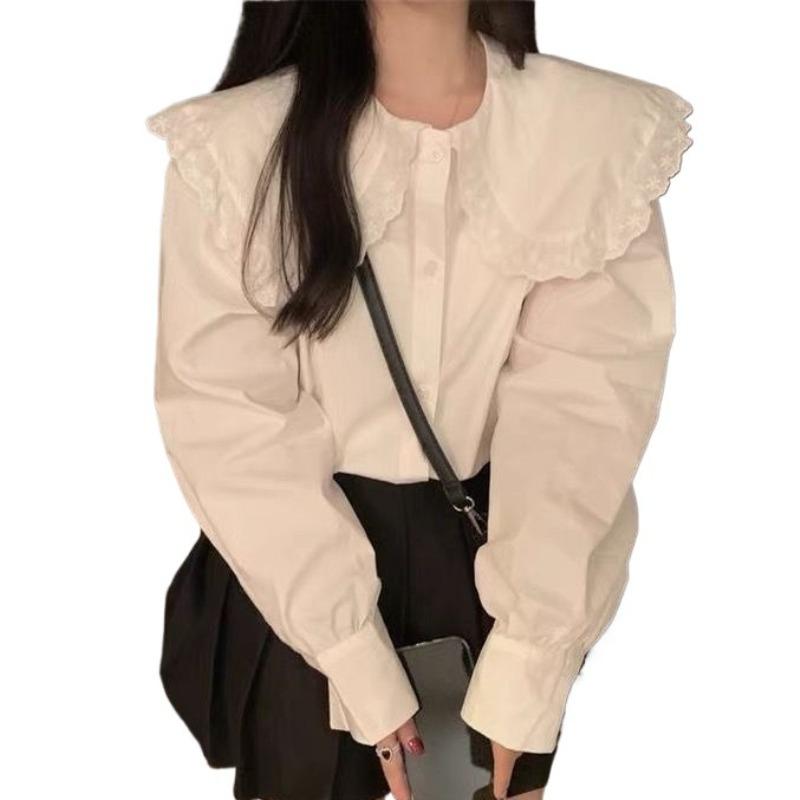 Solid Color Women's Shirt French Style Peter Pan Collar Single Breasted Female Long Sleeved Shirts Spring New Loose Sweet Ladies Front Open Top