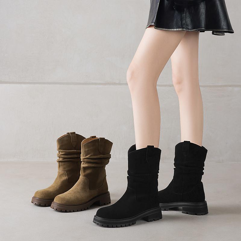 Krazing Pot Cow Suede Nubuck Winter Round Toe Western Boots Med Heels Pleated Decoration Women British School Mid-calf Boots