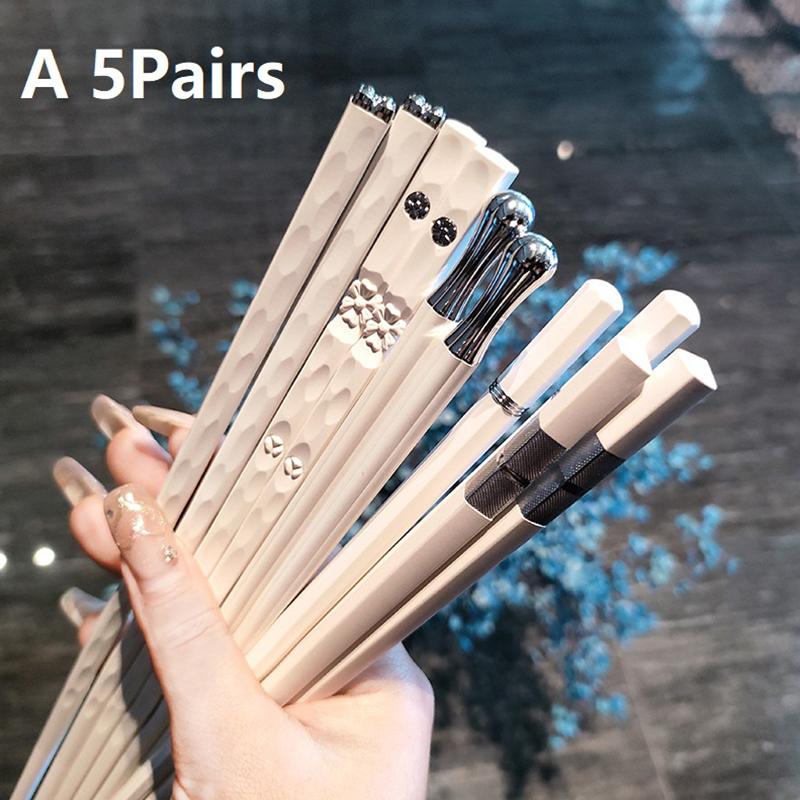 5/10Pairs White Gold Chopsticks Set Healthy Korean Sushi Sticks Chopsticks Reusable Non-Slip Chopsticks For Party Hotel Restaura A 5pairs