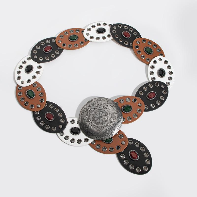 

Bohemian Color Block Wide Leather Belt With Alloy Buckle For Casual Western Style