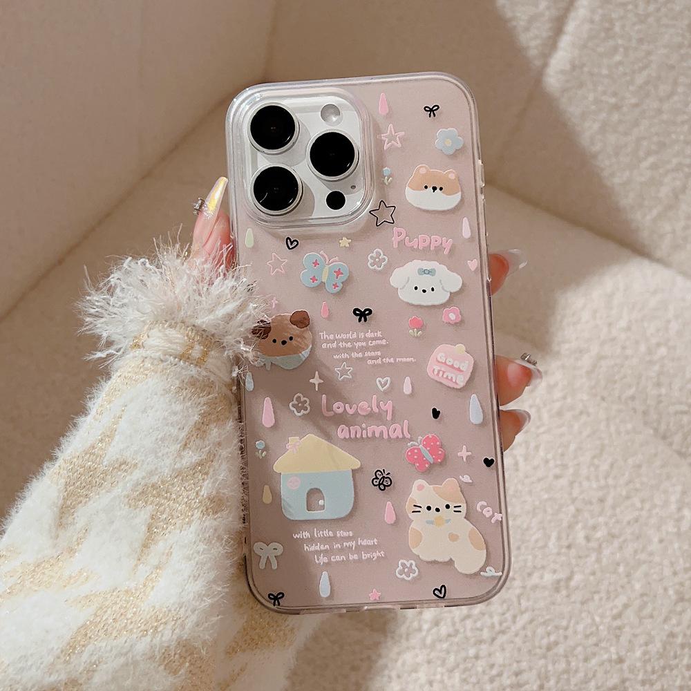 ins cartoon graffiti puppy cat application apple 15pro max mobile phone case iphone17 lanyard 11 soft 16