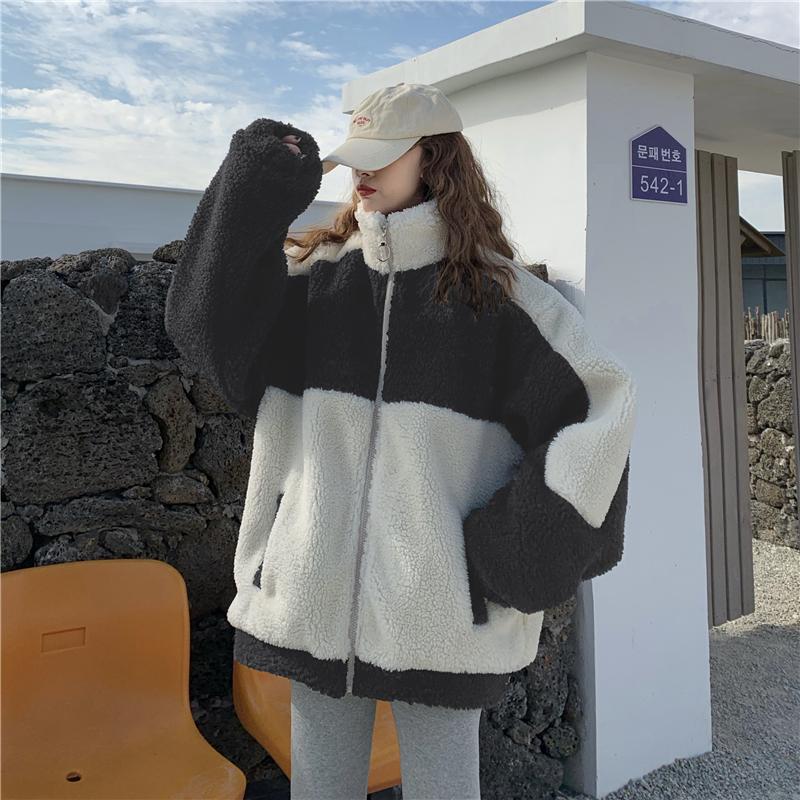 Elegant Coat Women Autumn Winter Warm Soft Zipper Patchwork Jacket Female Plush Overcoat Pocket Casual Outwear
