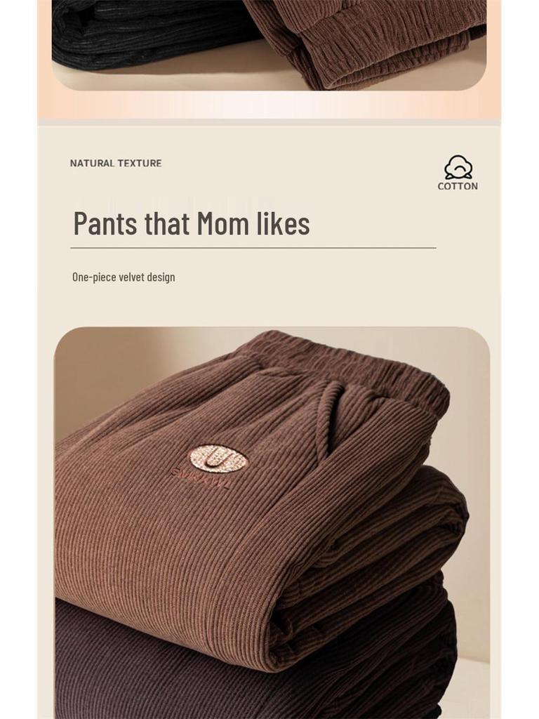 Mom's Plus Size Velvet Corduroy Pants for Middle-Aged Women - Warm, Loose Fit for Autumn/Winter
