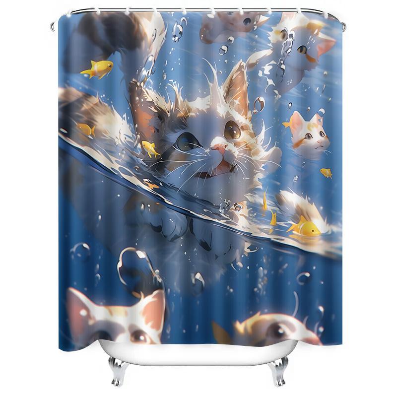Cute Cat And Fish Shower Curtain For Bathroom - Waterproof And Durable Design Perfect For Home Decor Easy To Clean And Maintain