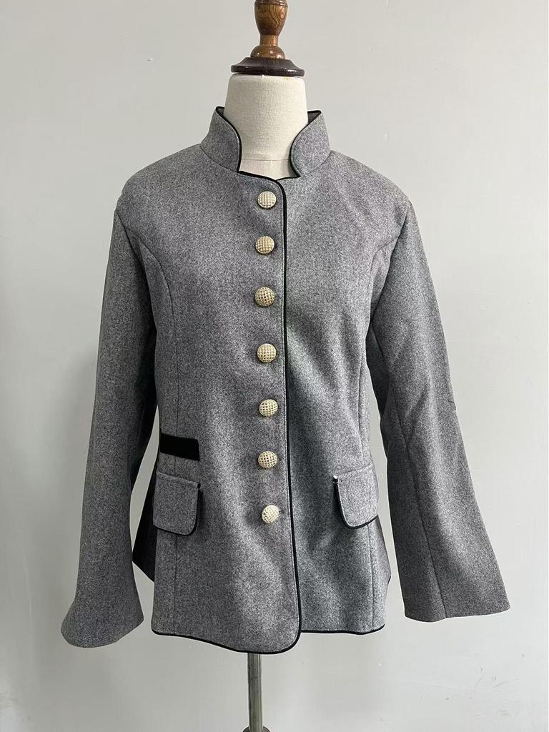 2025 Spring Women's Woolen Vintage Color Block Stand Collar Coat